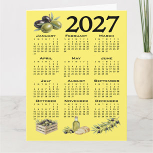 2027 Kalender, Mittelmeer Oliven. Gelb Karte