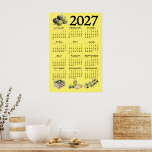 2027 Kalender, Mittelmeer Oliven. Gelb Poster
