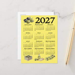 2027 Kalender, Mittelmeer Oliven. Gelb Postkarte