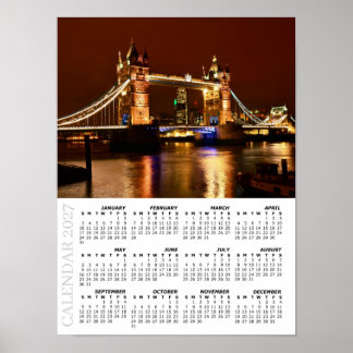 2027 London Kalender, Tower Bridge bei Nacht / UK Poster