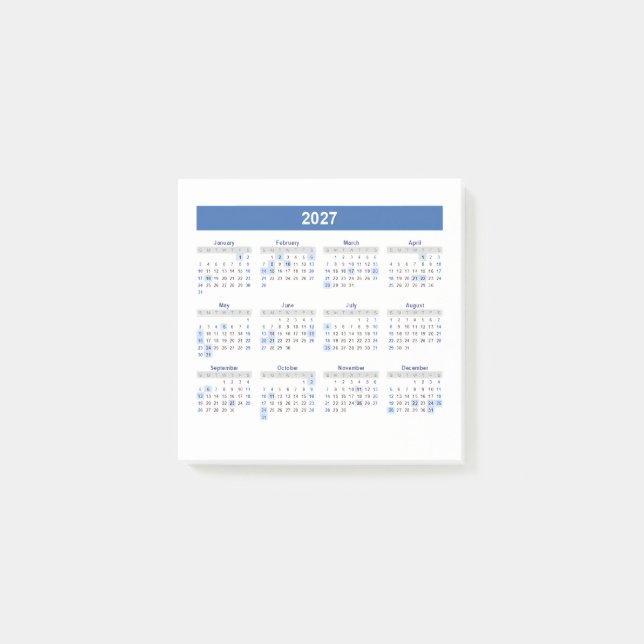 2027 Monatskalender Blaue Version Post-it Klebezettel (Vorderseite)
