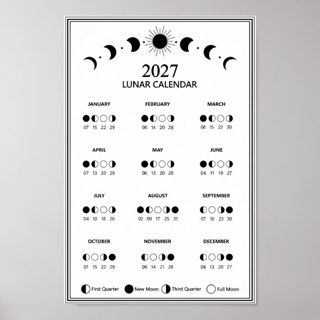 2027 Mondphasen-Kalender im minimalistischen Stil Poster (Vorne)