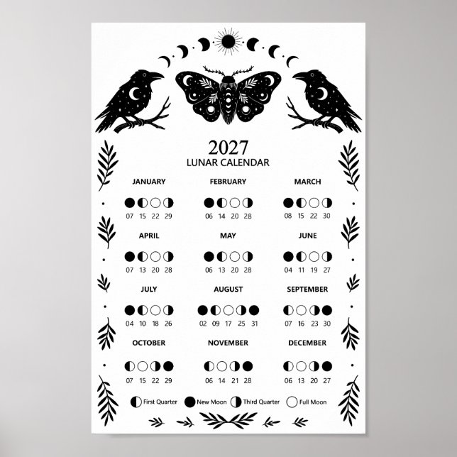 2027 Moth Crow Celestial Lunar Moon Calendar Poster (Vorne)