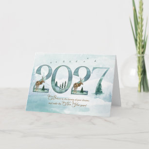 2027 Neujahrswald mit Hirschen und Kiefern Feiertagskarte
