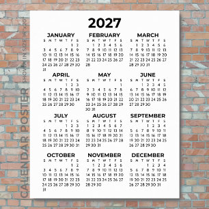 2027 Wandkalender Einfach Basic Schwarz und Weiß Poster