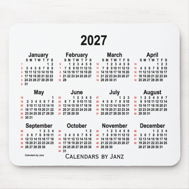 2027 Weißer 52-Wochen-Kalender von Janz Mousepad (Vorne)