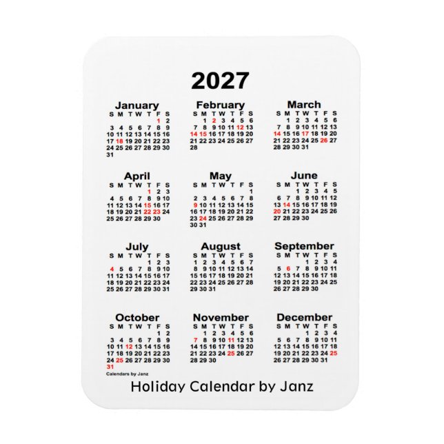 2027 White Holiday Calendar von Janz Magnet (Vertikal)