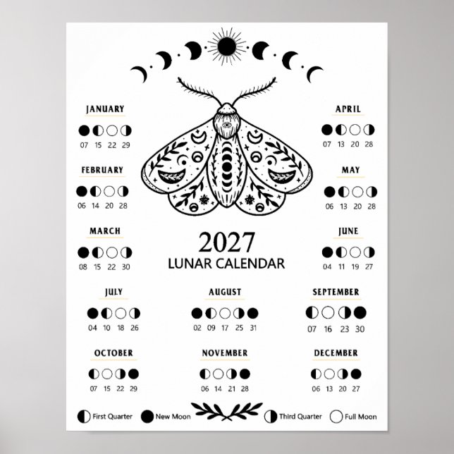 2027 Witchcraft Moth Celestial Lunar Moon Calendar Poster (Vorne)