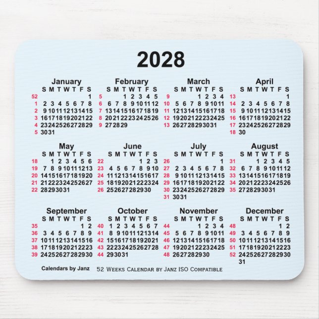 2028 Alice Blue 52 Weeks ISO Calendar by Janz Mousepad (Vorne)
