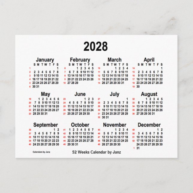 2028 Weißer 52-Wochen-Kalender von Janz Postkarte (Vorderseite)