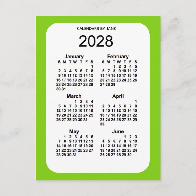 2028 Yellow Green 6 Month Mini Calendar von Janz Postkarte (Vorderseite)