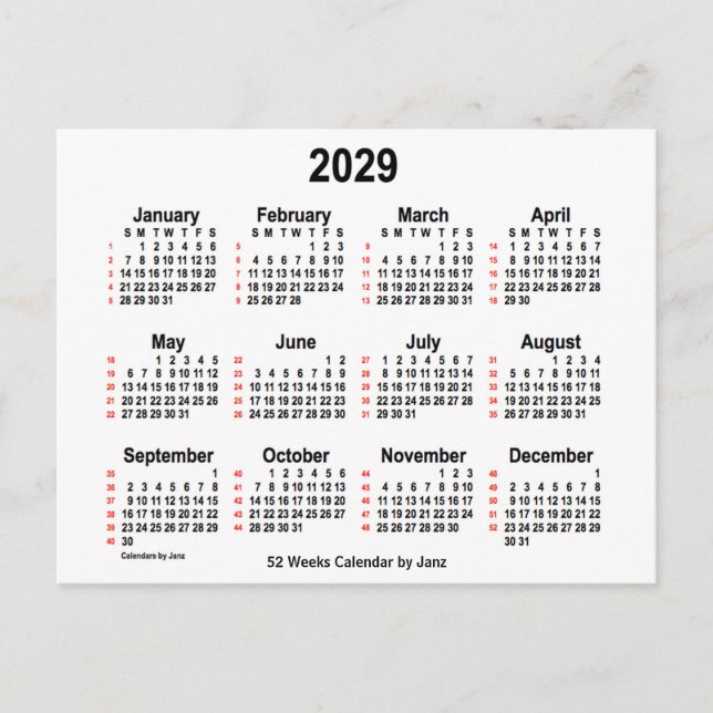 2029 Weißer 52-Wochen-Kalender von Janz Postkarte (Vorderseite)