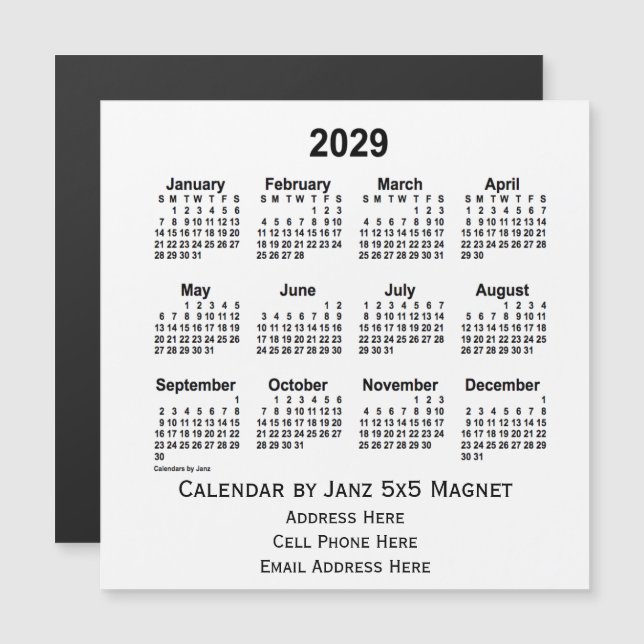 2029 White Business Calendar von Janz 5x5 Magnet (Vorne/Hinten)