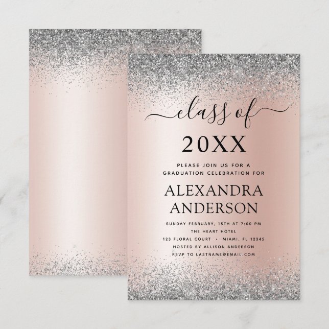 202 Graduation Party Glitzer Rose Gold Pink Silver Einladung (Vorne/Hinten)