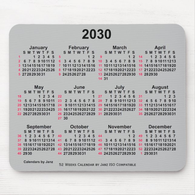 2030 Silver 52 Weeks ISO Kalender von Janz Mousepad (Vorne)