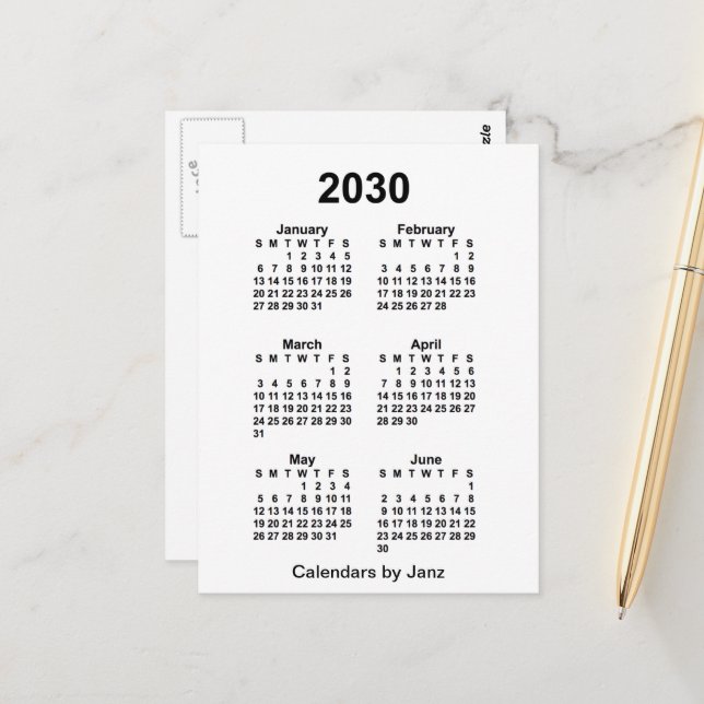 2030 White 6 Month Mini Kalender von Janz Postkarte (Vorderseite/Rückseite Beispiel)