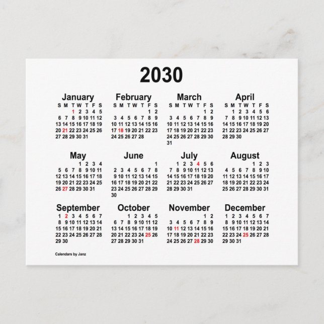 2030 White Holiday Mini Calendar von Janz Postkarte (Vorderseite)