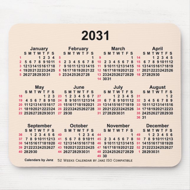 2031 Antikes Weiß 52 Wochen ISO Kalender von Janz Mousepad (Vorne)