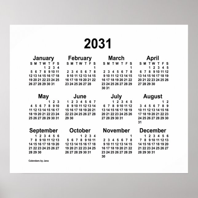 2031 Weißer Kalender von Janz Print Poster (Vorne)