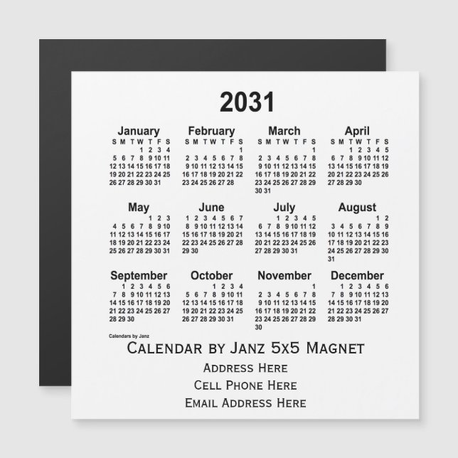 2031 White Business Calendar von Janz 5x5 Magnet (Vorne/Hinten)