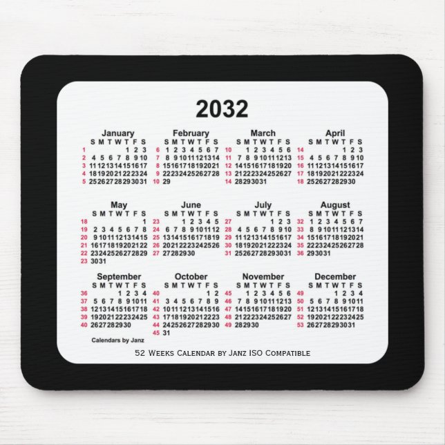 2032 Black 52 Weeks ISO Kalender von Janz Two Tone Mousepad (Vorne)
