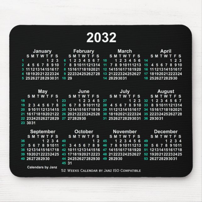 2032 Neon White 52 Weeks ISO Calendar by Janz Mousepad (Vorne)