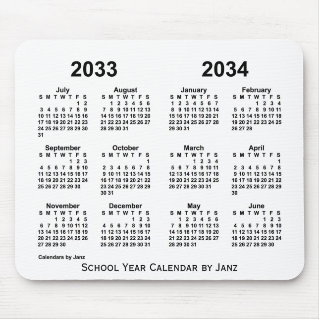 2033-2034 Weißer Schuljahrskalender von Janz Mousepad (Vorne)