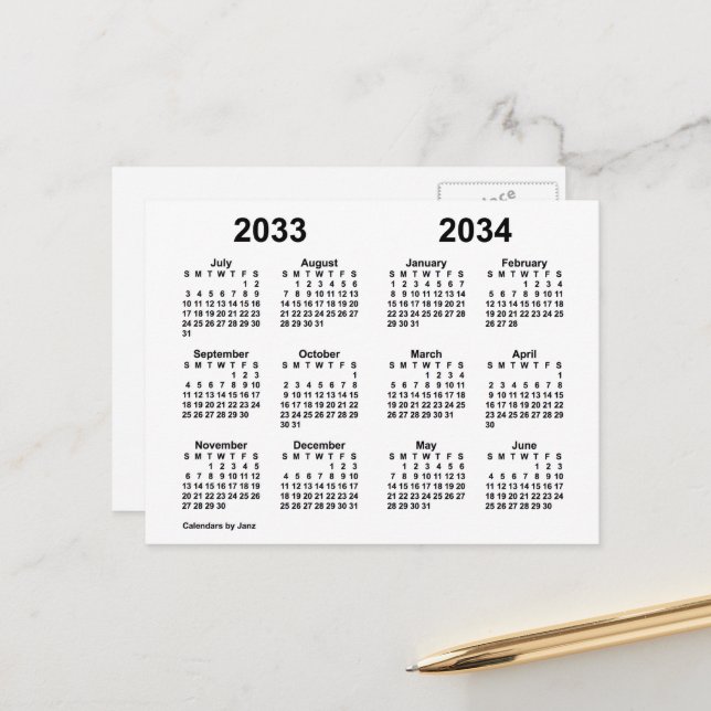 2033-2034 Weißer Schuljahrskalender von Janz Postkarte (Vorderseite/Rückseite Beispiel)