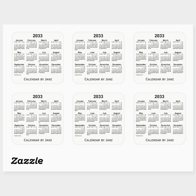 2033 Weißkalender von Janz Square Sticker (Blatt)