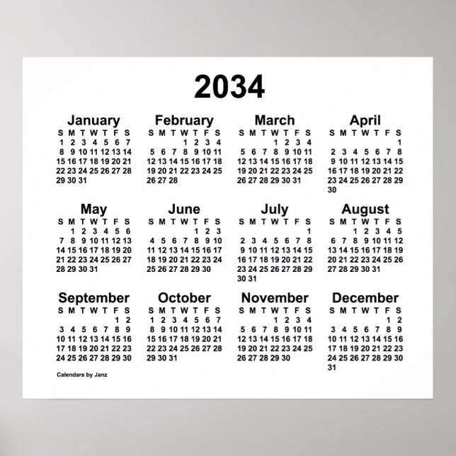 2034 Weißer Kalender von Janz Print Poster (Vorne)