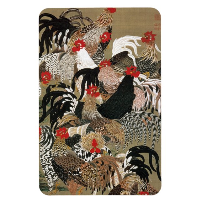 20. 群 鶏 図, 若 冲 Flock of Roosters, Jakuchu, Japan A Magnet (Vertikal)