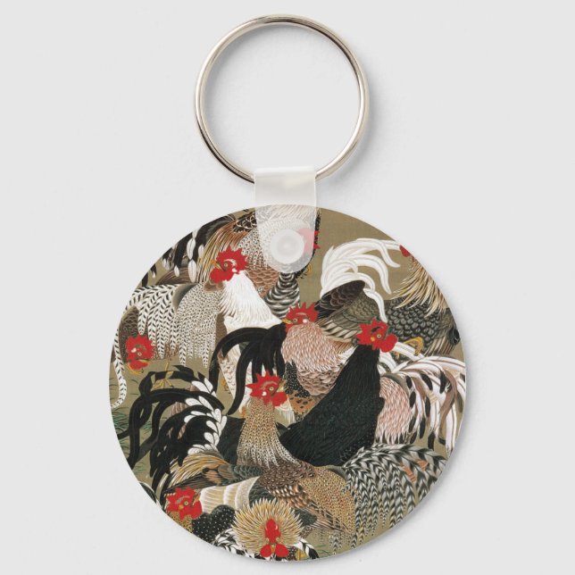 20. 群 鶏 図, 若 冲 Flock of Roosters, Jakuchu Schlüsselanhänger (Vorderseite)