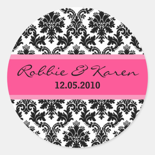 20 - 1,50" Schwarze Damaske & Hot Pink Liebesklebe Runder Aufkleber (Vorderseite)