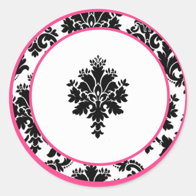 20 - 1,5" Umschlag Aufkleber Hot Pink Black Damask (Vorderseite)
