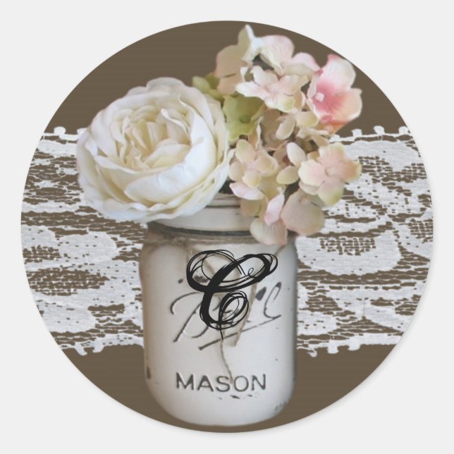 20 - 1,5 Umschlag Aufkleber Mason Jars mit Rose (Vorderseite)