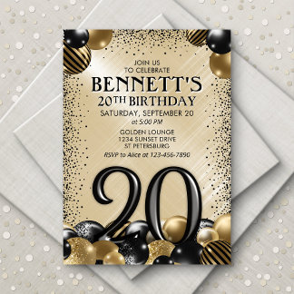 20. Balloons Black Gold Geburtstag Einladung