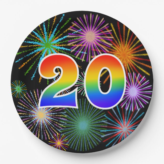 20. Event - Spaß, farbenfroh, kühl, Regenbogen 20 Pappteller (Vorderseite)