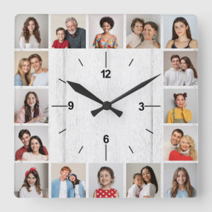 20 Foto-Collage Falscher heller weißer Holzzaun Quadratische Wanduhr