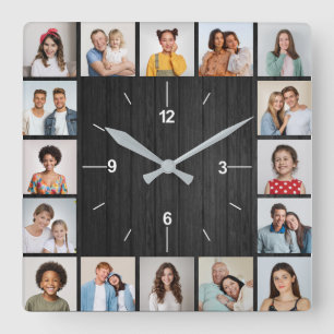 20 Foto-Collage Faux dunkler schwarzer Holzzaun Quadratische Wanduhr