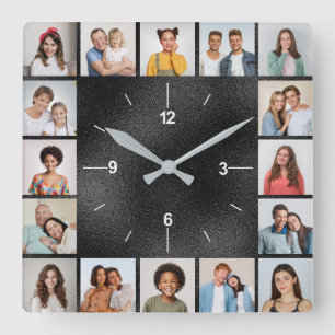20 Foto Collage Imitate Schwarzer Brushed Metallic Quadratische Wanduhr