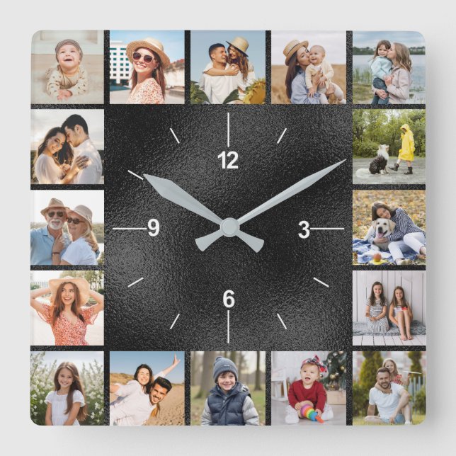 20 Foto Collage Imitate Schwarzer Brushed Metallic Quadratische Wanduhr (Vorderseite)