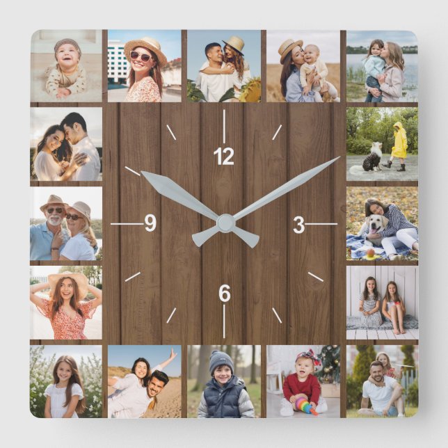 20 Foto Collage Imitats Brauner Holzzaun Quadratische Wanduhr (Vorderseite)