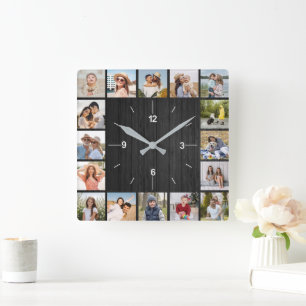 20 Foto Collage Imitats Dunkelschwarzer Holzzaun Quadratische Wanduhr