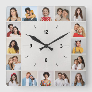 20 Foto Collage Metallische weiße Folie Quadratische Wanduhr