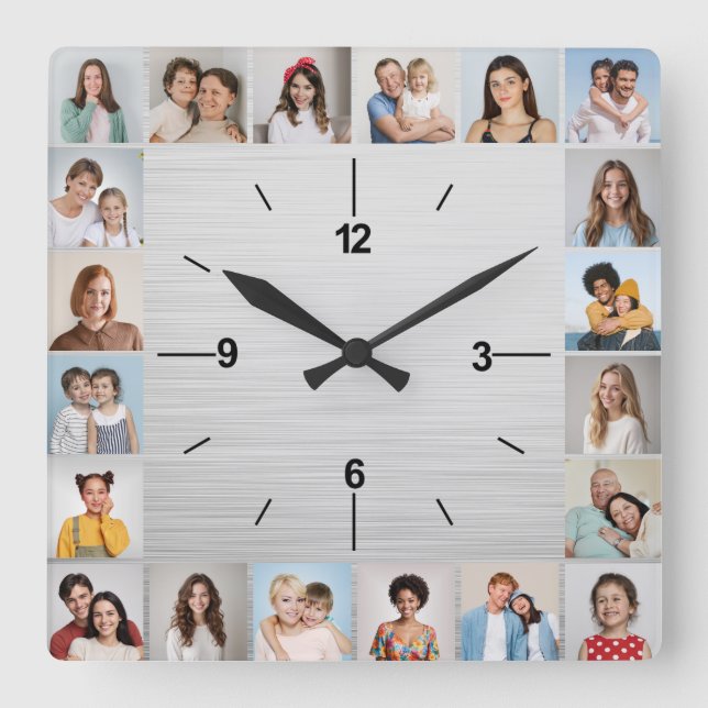 20 FotoCollage gebürstet Silver Metallic Quadratische Wanduhr (Vorderseite)