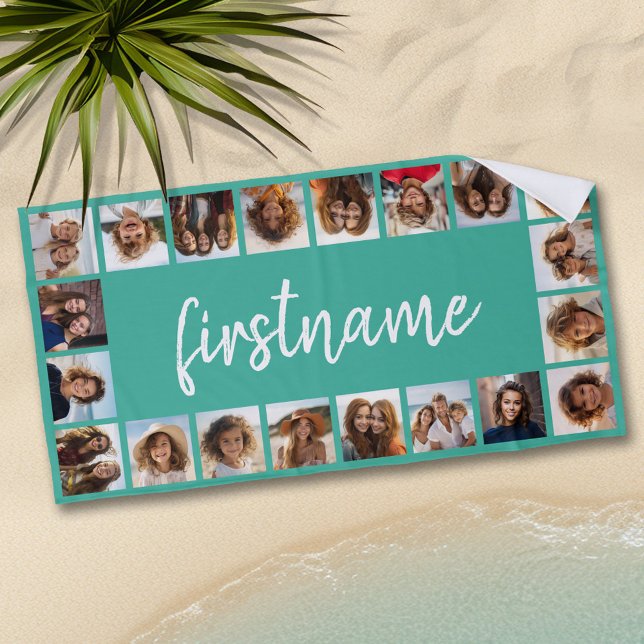 20 Fotocollage Wählen Sie Ihre Farbe und fügen Sie Strandtuch (Personalized beach towel with photos and text)