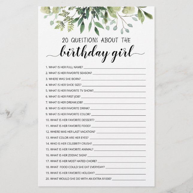 20 Fragen über das Geburtstagskameraspiel (Vorderseite)