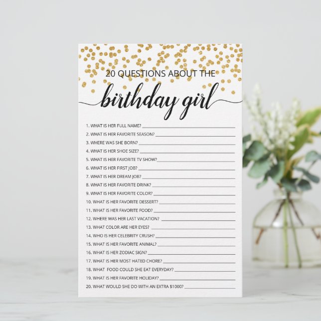 20 Fragen zum Geburtstagsspiel Girl Birthday (Stehend Vorderseite)