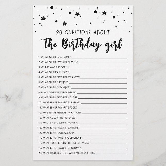 20 Fragen zum Geburtstagsspiel Girl Birthday (Vorderseite)