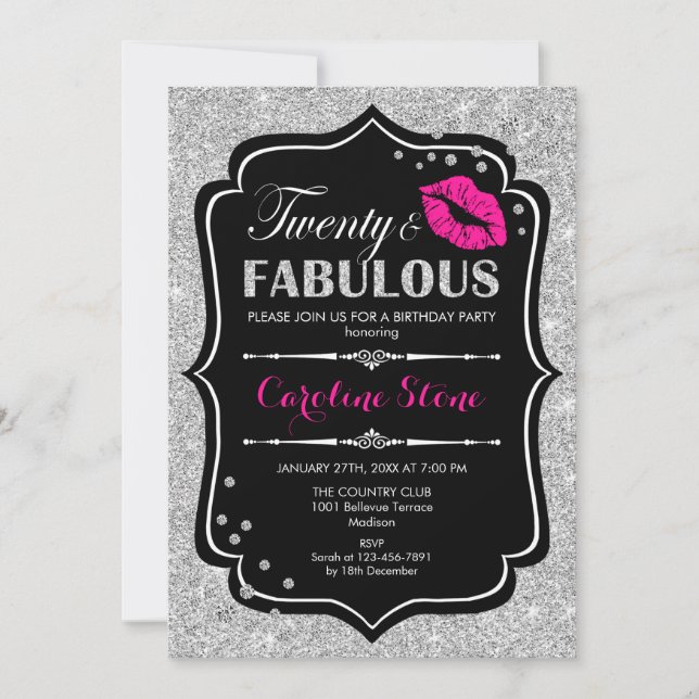 20. Geburtstag - 20. Fabelhaftes Schwarz-Rosa-Silb Einladung (Vorderseite)